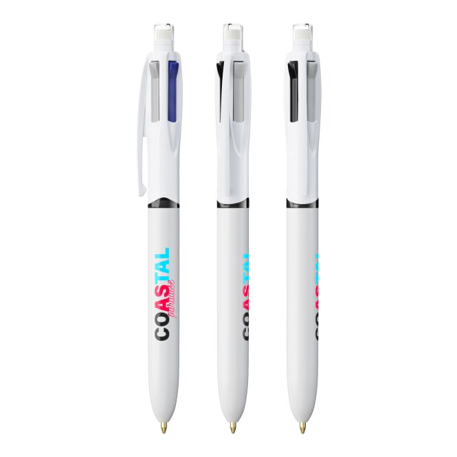 Werbeartikel BIC 4 Colours 3+1 Inspire ECO – weiss – mit Logo bedruckt, nachhaltiger Druckkugelschreiber, schwarz/blau/rot/bleistift für den