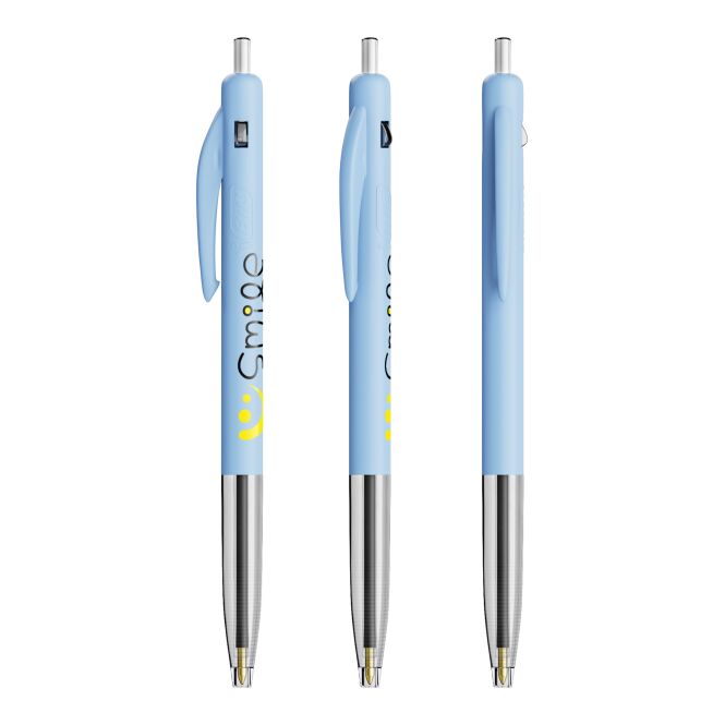 Streuartikel BIC® M10® Clic Druckkugelschreiber – hellblau – mit Logo bedruckt als Messe-Giveaway für den Büroalltag