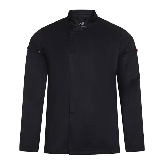 Gastro-Werbemittel Kochjacke VL AGNI – schwarz – mit Logo bestickt 190 g/m² nachhaltige Funktionskleidung als robuste Kochschürze für Gastronomie