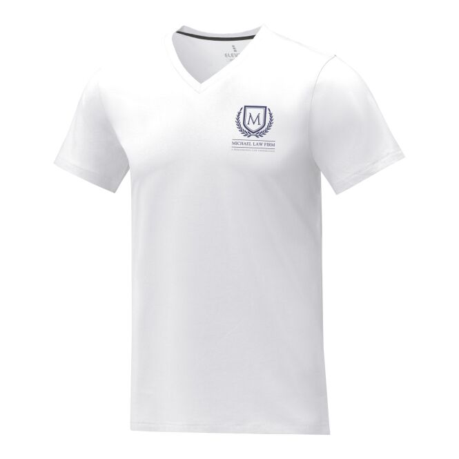 Werbeartikel T-Shirt Somoto – weiß – mit Logo bedruckt 48h Express-Druck V-Ausschnitt Herren Gr. XL