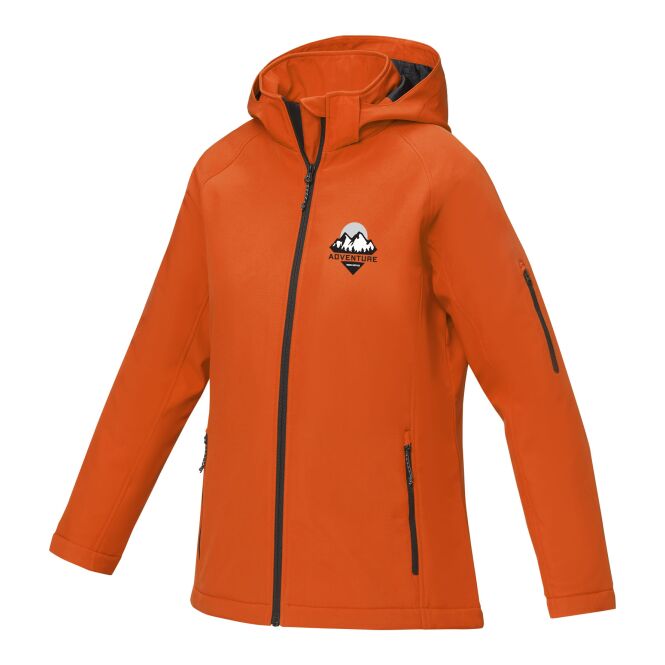 Arbeitskleidung Softshell Damenjacke Notus – orange – mit hochwertigem Stick 48h Express-Druck mit abnehmbarer Kapuze Gr. XS