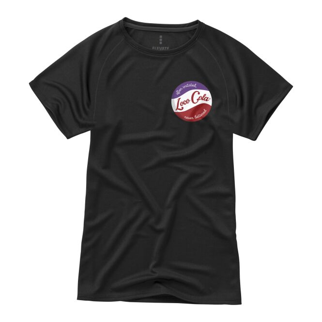 Werbeartikel Niagara Damen T-Shirt – schwarz – mit Logo bedruckt 48h Express-Druck Cool Fit Mesh Gr. XXL