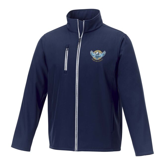 Mitarbeitergeschenk Orion Softshelljacke mit Express-Logodruck – recyceltes Material – Tiefes Blau – XS – warme Funktionsjacke für Firmen