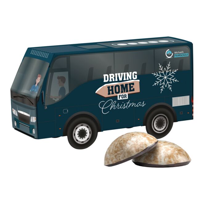 Firmengeschenk 3D Präsent Bus – weihnachten – mit bedrucktem Etikett im Bus-Format als Weihnachtsgeschenk für Kunden und Partner