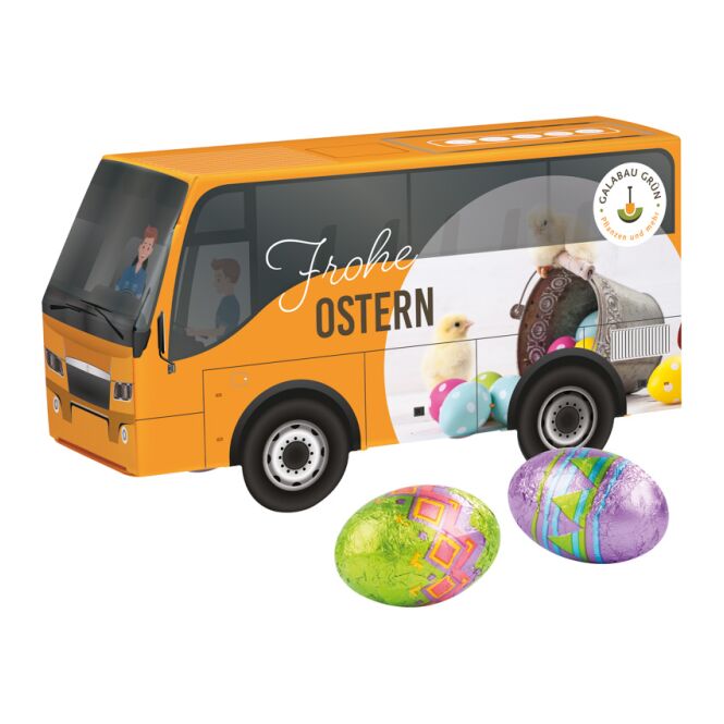 Oster-Werbeartikel 3D Bus – ostern – mit individueller Banderole – Inhalt Schoko-Eier – als süßes Oster-Werbegeschenk für Kunden und Partner