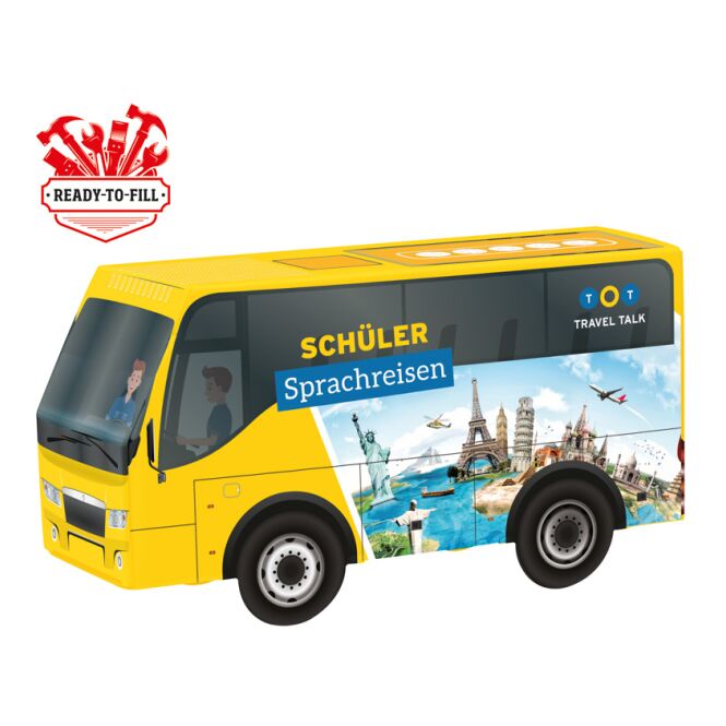 Streuartikel 3D Präsent Bus – mit individuell bedrucktem Etikett – für Messen und Events als auffälliges Giveaway für Kunden und Partner