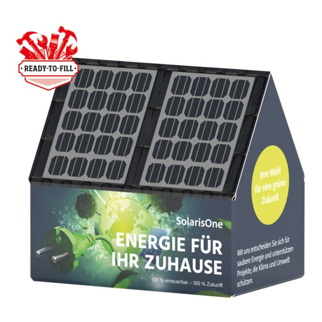 Firmengeschenk 3D Haus mit Logodruck – Werbeverpackung aus Karton – individuelles Präsent für Unternehmen und Veranstaltungen