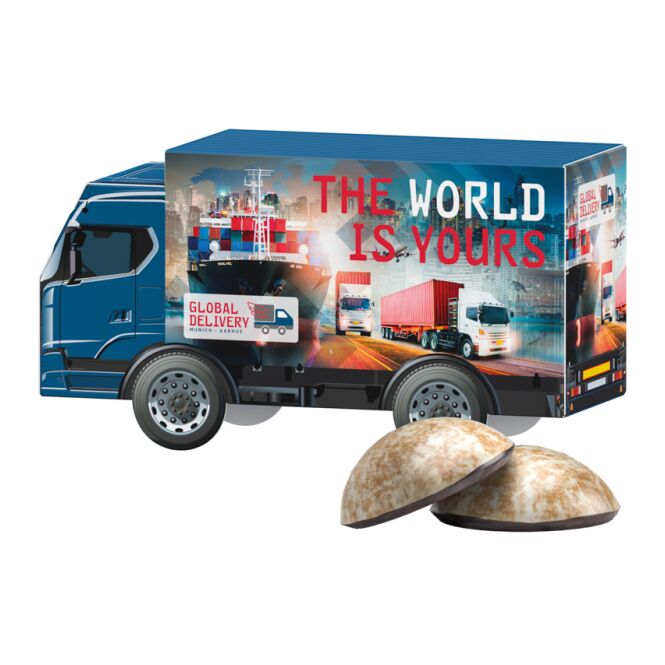 Firmengeschenk 3D LKW Weihnachten – weihnachtlich – mit bedrucktem Etikett als Weihnachtsgeschenk für Kunden und Partner im Team-Einsatz