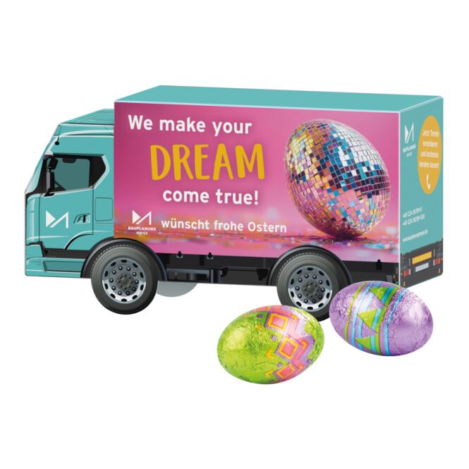 Oster-Werbeartikel LKW 3D-Präsent – ostern – inkl. Werbeaufdruck mit Schoko-Eiern als süßes Oster-Werbegeschenk für Kunden und Geschäftspartner