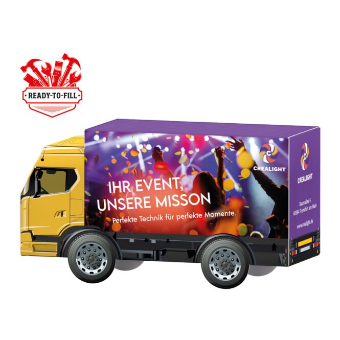 Streuartikel 3D LKW Karton – individuell befüllt – mit Logo bedruckt für Messen und Events als hochwertiges Werbegeschenk für Kunden