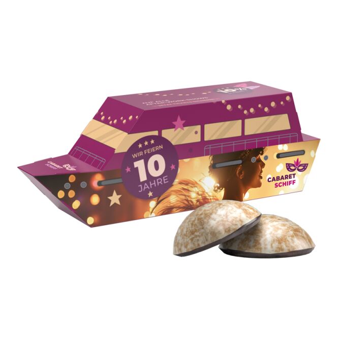 Kundenpräsent 3D Schiff Weihnachten mit Logodruck – individuell gestaltete Kartonverpackung mit weihnachtlicher Füllung für Unternehmen