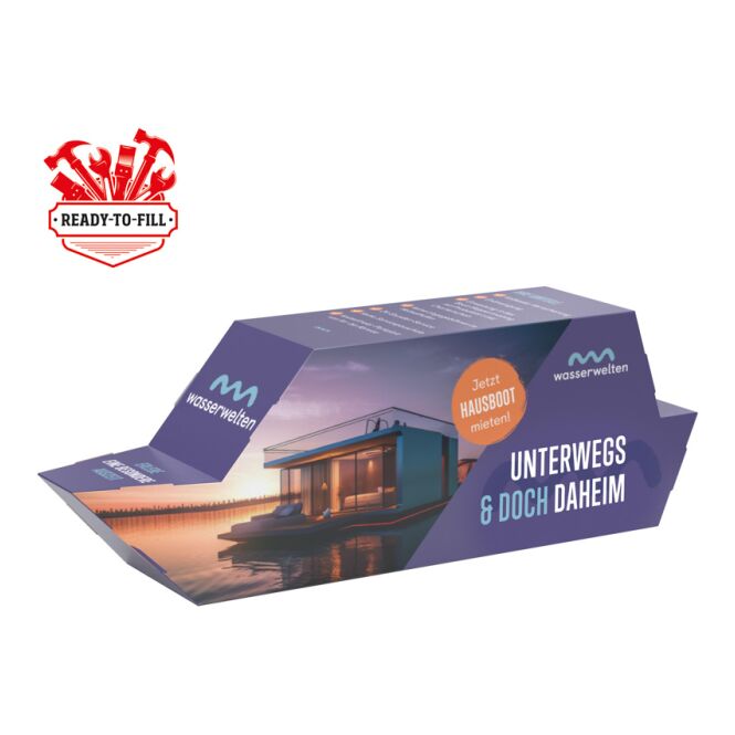 Werbeartikel 3D Präsent Schiff Individuelle Befüllung – in weiß – mit Logo bedruckt als Werbemittel für Messen und Firmenevents