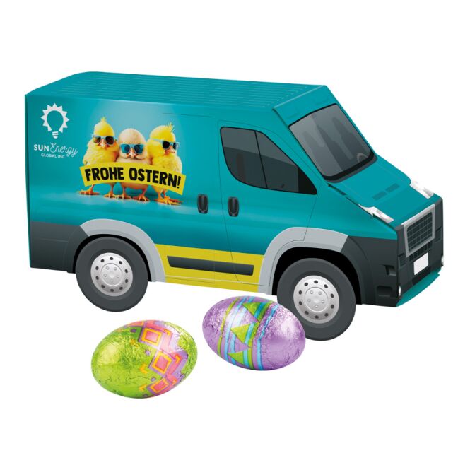 Oster-Werbeartikel 3D Präsent Transporter – ostern – mit individuellem Etikett für Kunden als süßes Oster-Werbegeschenk für Kunden und Partner