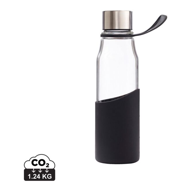 Firmengeschenk VINGA Lean Glasflasche mit Gravur – Schwarz – robuste Borosilikat Trinkflasche für Büro und Sport