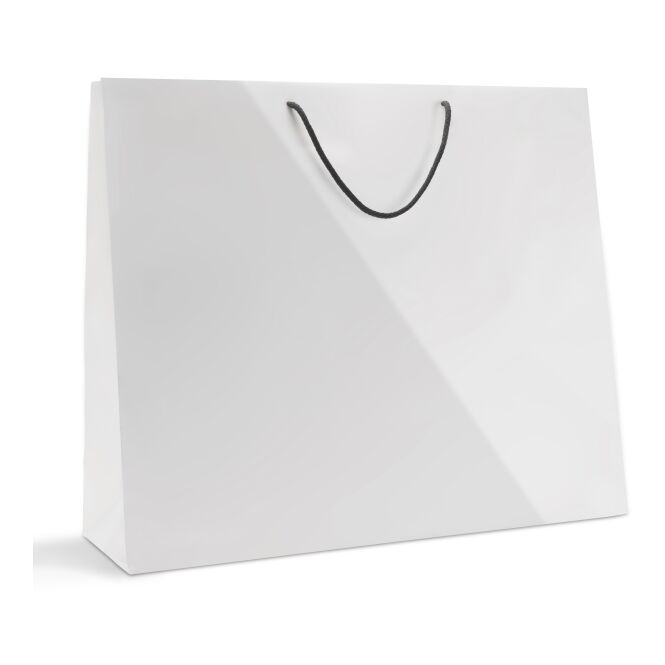 Messeartikel Papiertüte 60x18x50 cm – weiß – mit Logo bedruckt 200g Kunstpapier elegante Geschenktüte für Firmengeschenke & Events