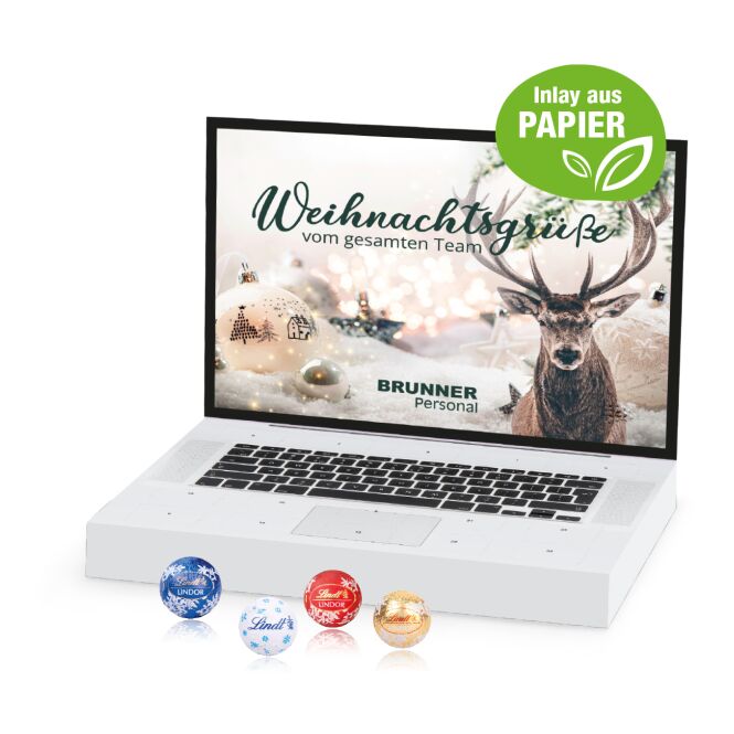 Kundenpräsent Adventskalender Laptop mit Lindt Minis mit Logodruck – Bunt – Weihnachtsartikel aus nachhaltigem Karton für Firmen