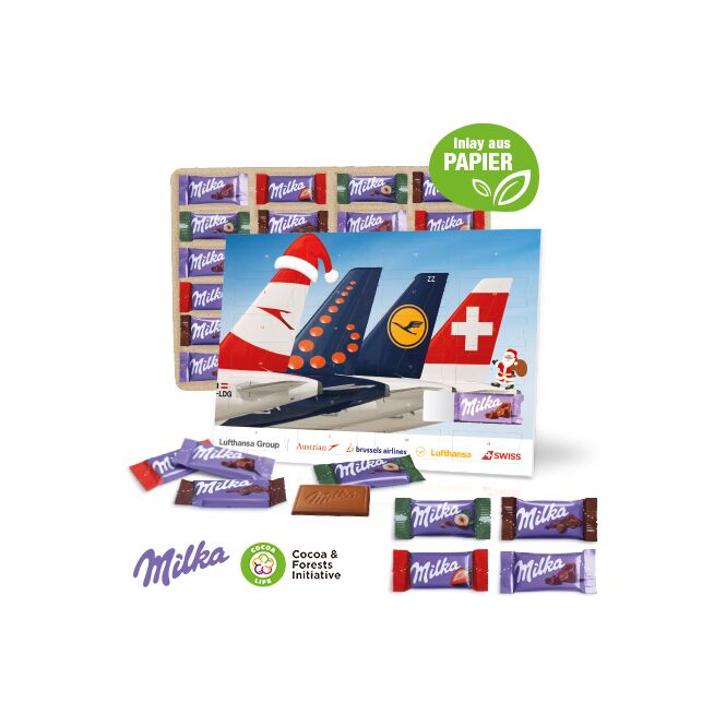 Firmengeschenk Milka Tisch-Adventskalender – weihnachtlich – mit individuellem Etikett 75g als Weihnachtsgeschenk für Kunden und Partner