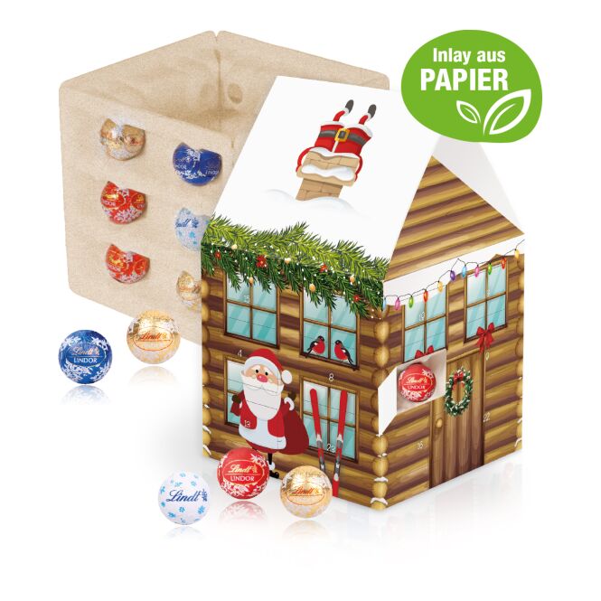 Firmengeschenk Lindt Adventshaus Edition – weihnachtlich – mit individuell bedrucktem Etikett 75g als Weihnachtsgeschenk für Kunden und Partner