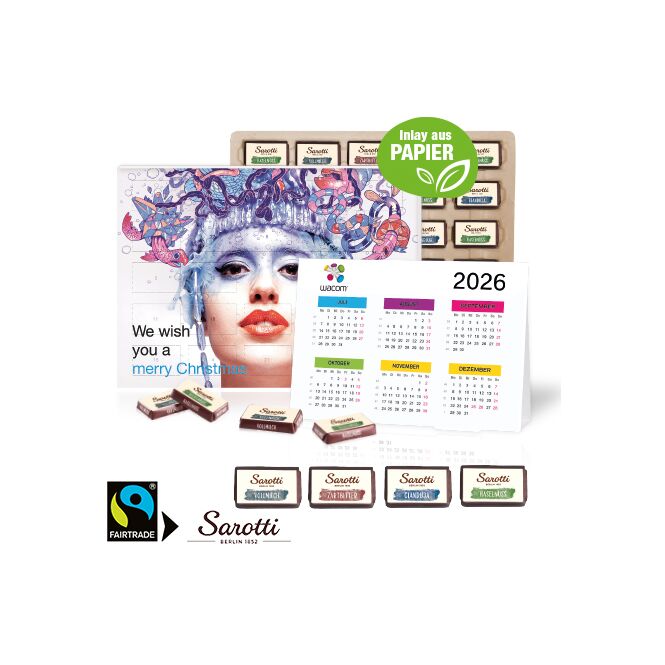 Firmengeschenk Sarotti 2 in 1 Adventskalender – bunt – mit bedrucktem Etikett und Jahresplaner als Weihnachtsgeschenk für Kunden und Partner