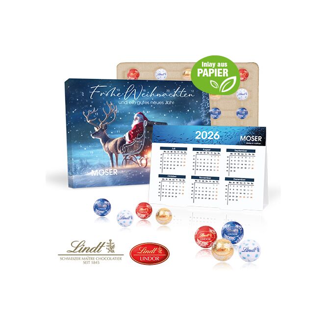 Kundenpräsent 2 in 1 Adventskalender Lindt Lindor Minis mit Logodruck – Bunt – Schokoladenpräsent für Firmen & Büro