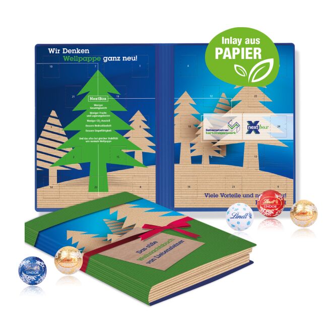 Mitarbeiter-Weihnachtsgeschenk Adventskalender Weihnachtsbuch mit Lindt Minis mit Logodruck – Bunt – Schokoladenpräsent für Kunden und Büro