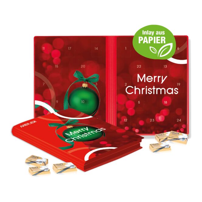 Firmengeschenk Lindt Schokolade Adventskalender Weihnachtsbuch – bunt – mit bedrucktem Etikett als Weihnachtsgeschenk für Kunden und Partner