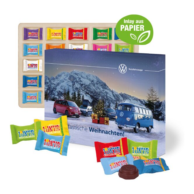 Firmengeschenk Tony's Schokoladen-Adventskalender – weihnachten – mit bedrucktem Etikett als Weihnachtsgeschenk für Kunden und Partner