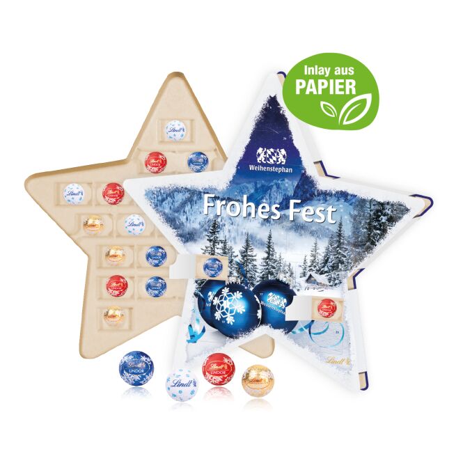 Kundenpräsent Adventskalender Stern mit Lindt Schokolade mit Logodruck – Bunt – nachhaltiges Weihnachtsgeschenk für Firmen