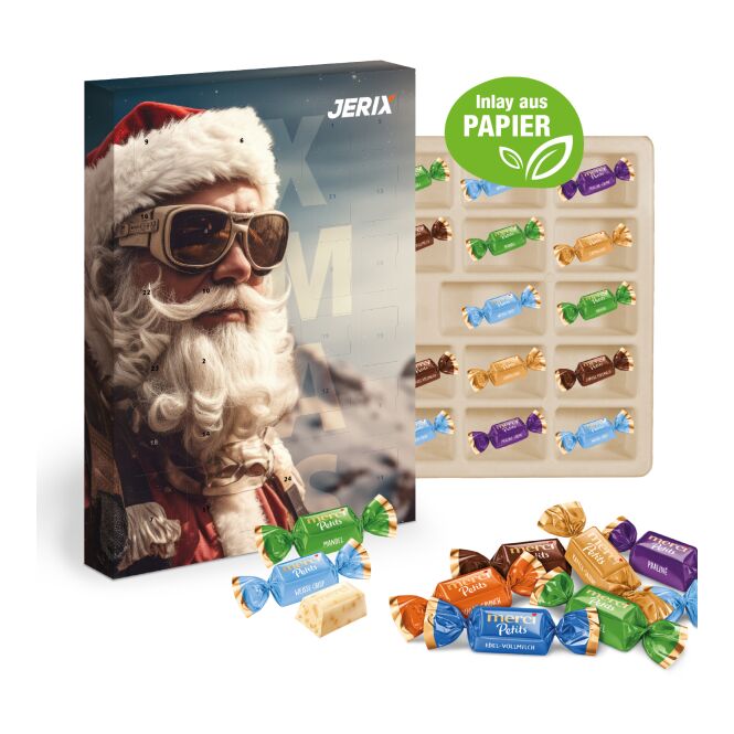 Firmengeschenk Adventskalender Merci Petits – bunt – mit bedrucktem Etikett 24 Genussmomente als Weihnachtsgeschenk für Kunden und Partner