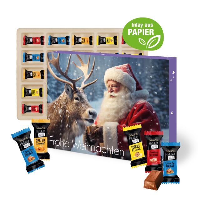 Firmengeschenk Lindt HELLO Wand-Adventskalender – bunt – mit bedrucktem Etikett ca. 200g als Weihnachtsgeschenk für Kunden und Partner