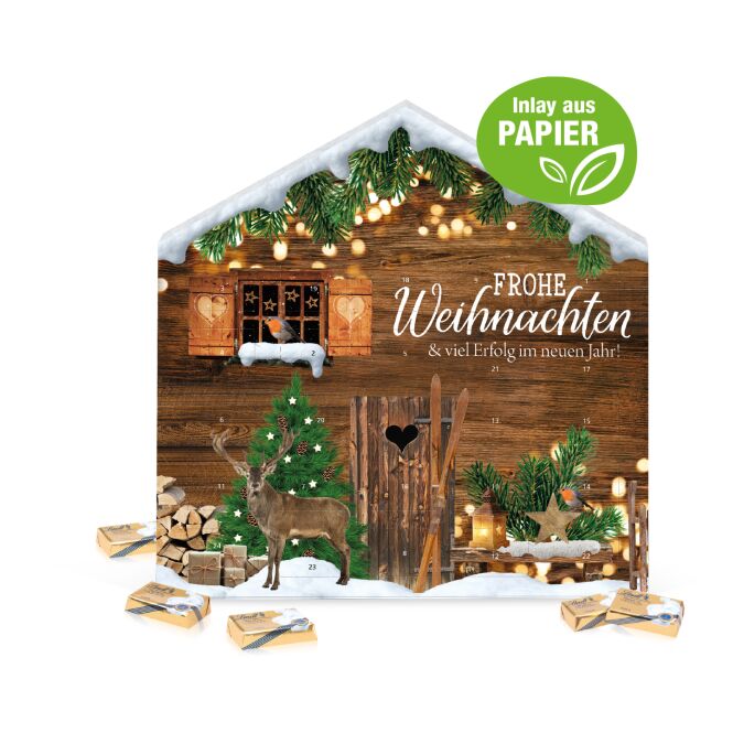 Kundenpräsent Weihnachtshaus Exklusiv mit Lindt Schokolade – mit Logodruck – Bunt – Nachhaltiger Schoko Adventskalender für Firmenkunden