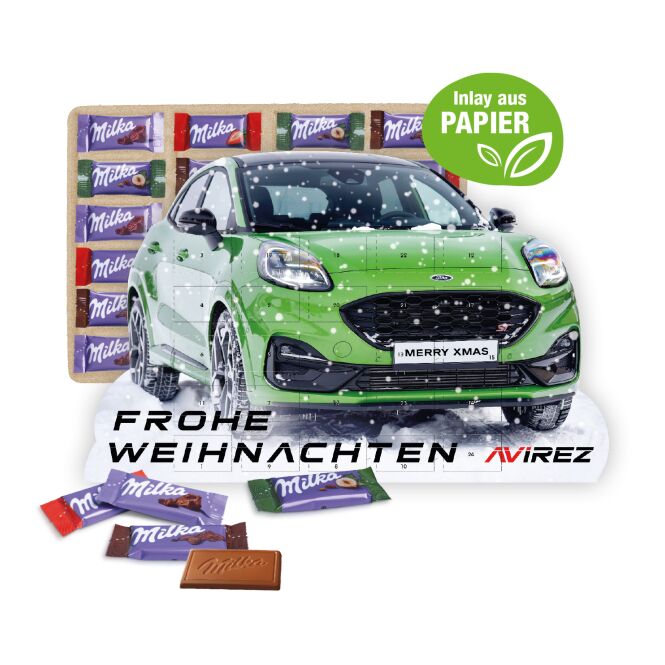 Firmengeschenk Milka Adventskalender individuelle Kalenderform – weihnachtszeit – mit bedrucktem Etikett als Weihnachtsgeschenk für Kunden