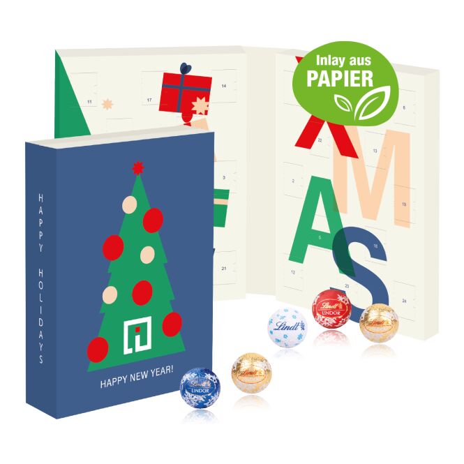 Mitarbeiter-Weihnachtsgeschenk Lindt Adventskalender mit Logodruck – Bunt – Schokoladenpräsent für Geschäftspartner und Kunden