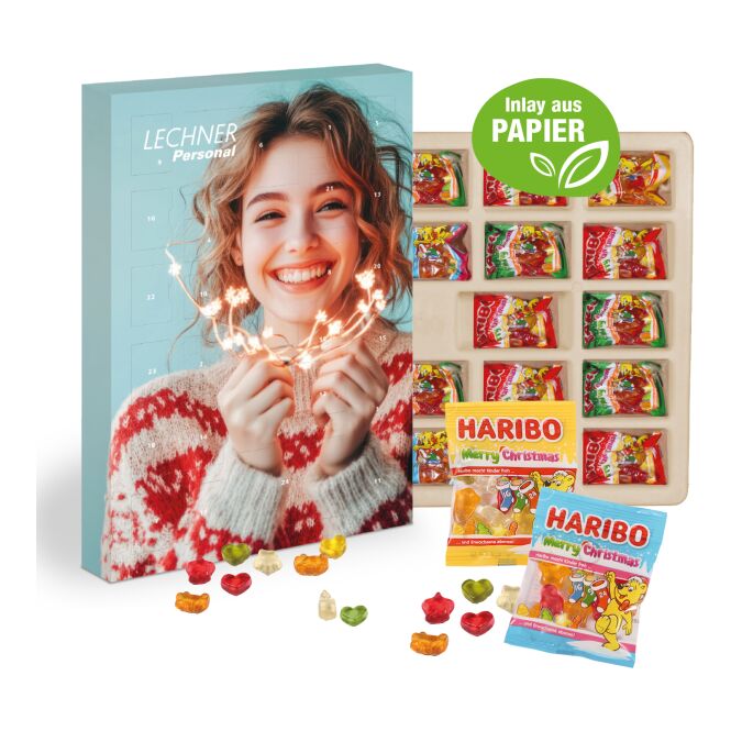 Firmengeschenk Haribo Adventskalender – weihnachtlich – mit bedrucktem Etikett 240g als Weihnachtsgeschenk für Kunden und Mitarbeiter