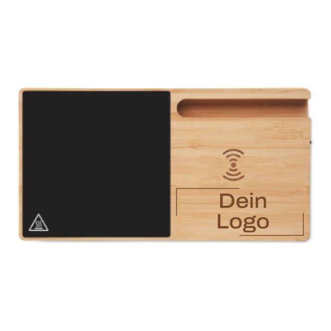 Firmengeschenk kabellose Ladestation mit Tassenwärmer mit Gravur – Holzfarben – multifunktionales Büro-Gadget für den Schreibtisch