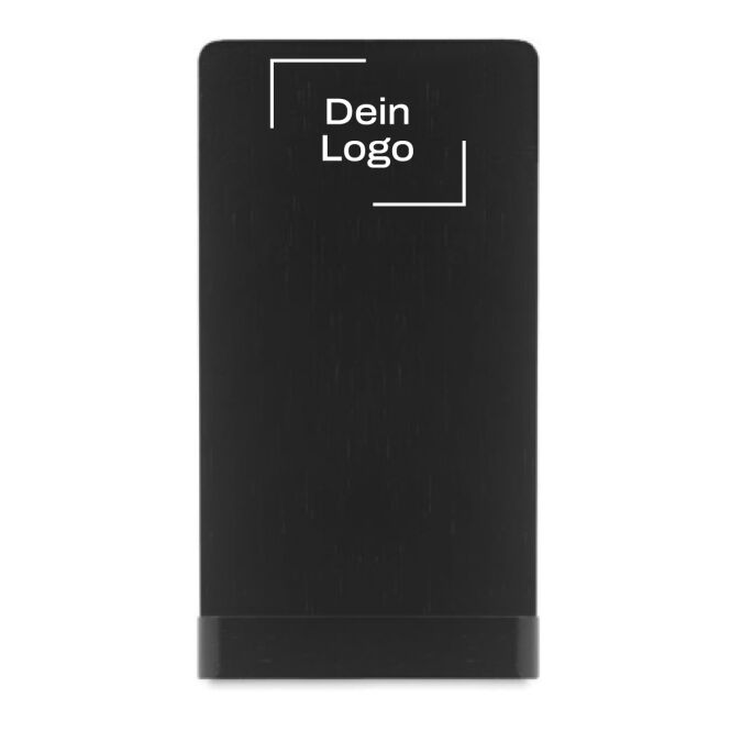 Werbeartikel induktive Ladestation wire & stand mit Gravur – Schwarz – nachhaltiger Wireless Charger für Büro und Business