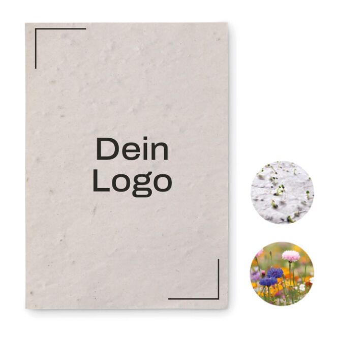 Werbeartikel Wildblumen-Samenpapier DIN A6 mit Logodruck – Weiß – nachhaltiges Öko-Präsent für umweltbewusste Firmen