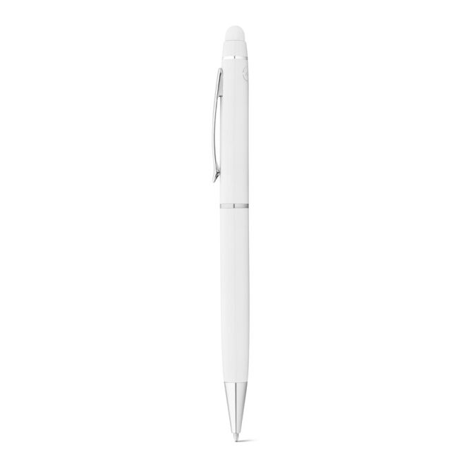 Werbeartikel Kugelschreiber Julie mit Logodruck – Weiß – hochwertiges Schreibgerät aus recyceltem Aluminium mit Touchpen für Firmenbüros