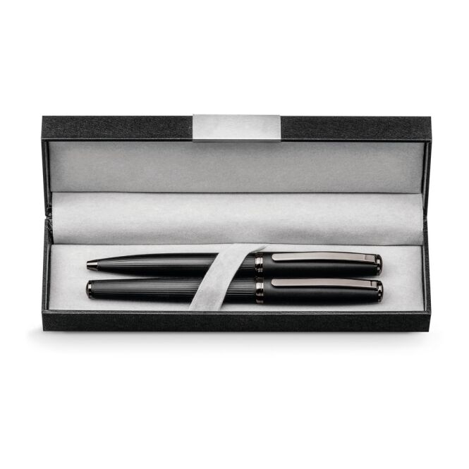 Firmengeschenk Schreibset IMPERIO – schwarz – lasergraviert 2-teilig mit Kugelschreiber & Tintenroller im Etui 137mm blau schreibend für Konferenzen