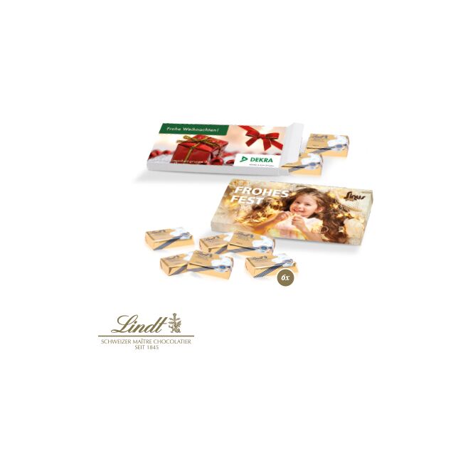 Firmengeschenk Lindt Schokotäfelchen – bunt – mit bedrucktem Etikett als hochwertiges Werbemittel für Geschäftspartner und Mitarbeiter