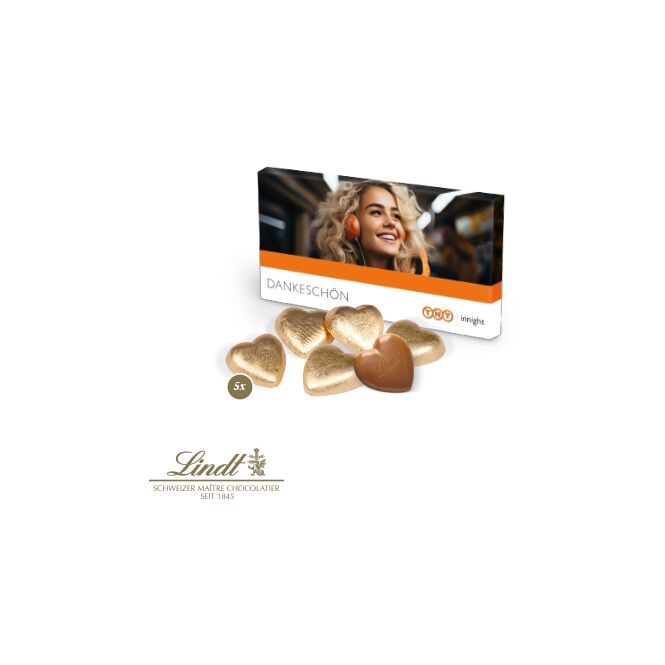 Firmengeschenk Lindt Schokoherzen in Präsentbox mit Logodruck – Bunt – süßes Streumittel für Firmenveranstaltungen und Büros