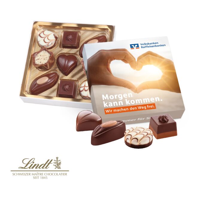 Firmengeschenk Lindt Pralinés Kleine Kostbarkeiten mit Logodruck – Bunt – feine Schokoladenpräsent für Geschäftskunden