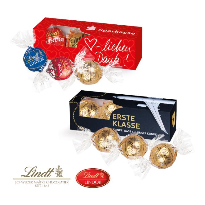 Kundenpräsent Lindt Lindor 3er mit Logodruck – Bunt – feine Schokoladen-Präsente für Geschäftspartner