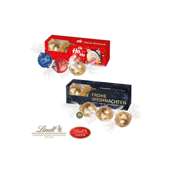 Firmengeschenk Lindt Lindor 3er mit Logodruck – Bunt – klimaneutrale Schokoladenpräsentation für Firmen