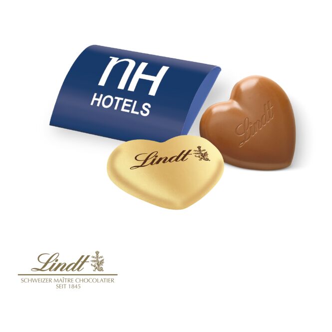 Premium-Werbeartikel Lindt Herz – schokolade – mit individuellem Etikett 20 g als hochwertiges Firmengeschenk für Geschäftspartner