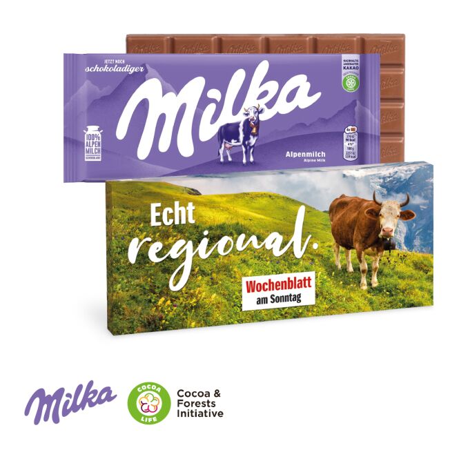 Premium-Werbeartikel Milka Schokoladentafel – zartschmelzende alpenmilch – mit Logo bedruckt 100 g als Firmengeschenk für Geschäftspartner