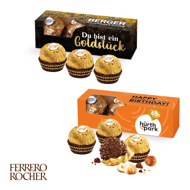 Firmengeschenk Ferrero Rocher 3er – bunt – mit individueller Banderole 3 Stück Pralinen als Werbemittel auf Messen für Kunden und Partner