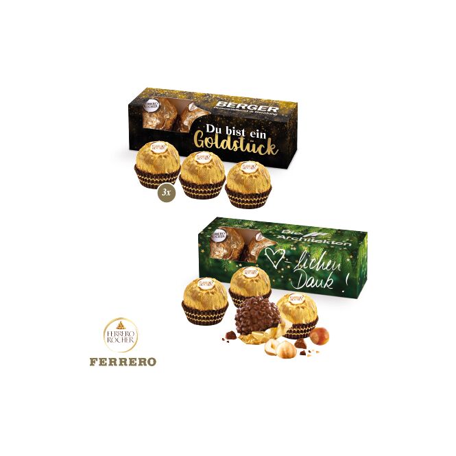 Premium-Werbeartikel Ferrero Rocher 3er – bunt – mit Logo bedruckt 3er Pack als hochwertiges Firmengeschenk für Kunden und Partner