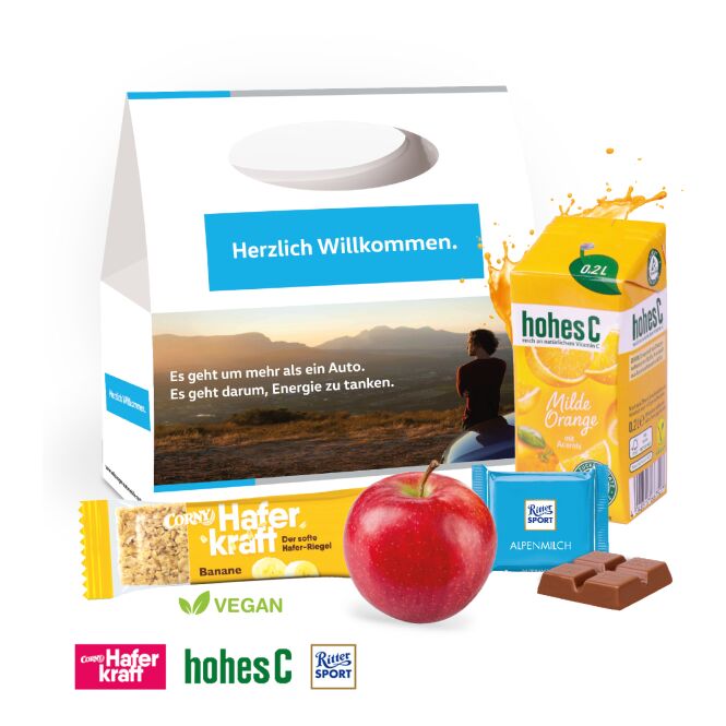 Werbeartikel Snack Pack Fitness – bunt – inkl. Werbeaufdruck – Set mit Apfel, Corny, hohes C und Ritter Sport Mini als Messe-Giveaway