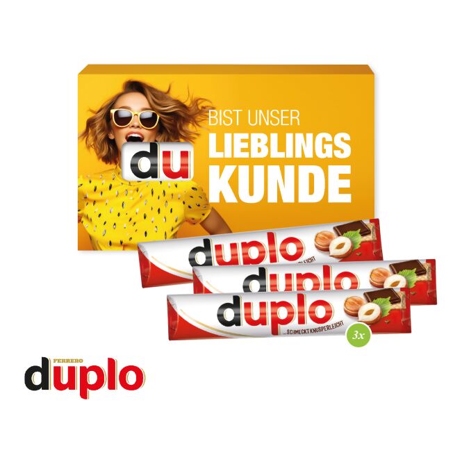 Firmengeschenk Duplo 3er – schokolade – mit individuellem Etikett 54g als Werbemittel auf Messen und Events für Kunden und Mitarbeiter